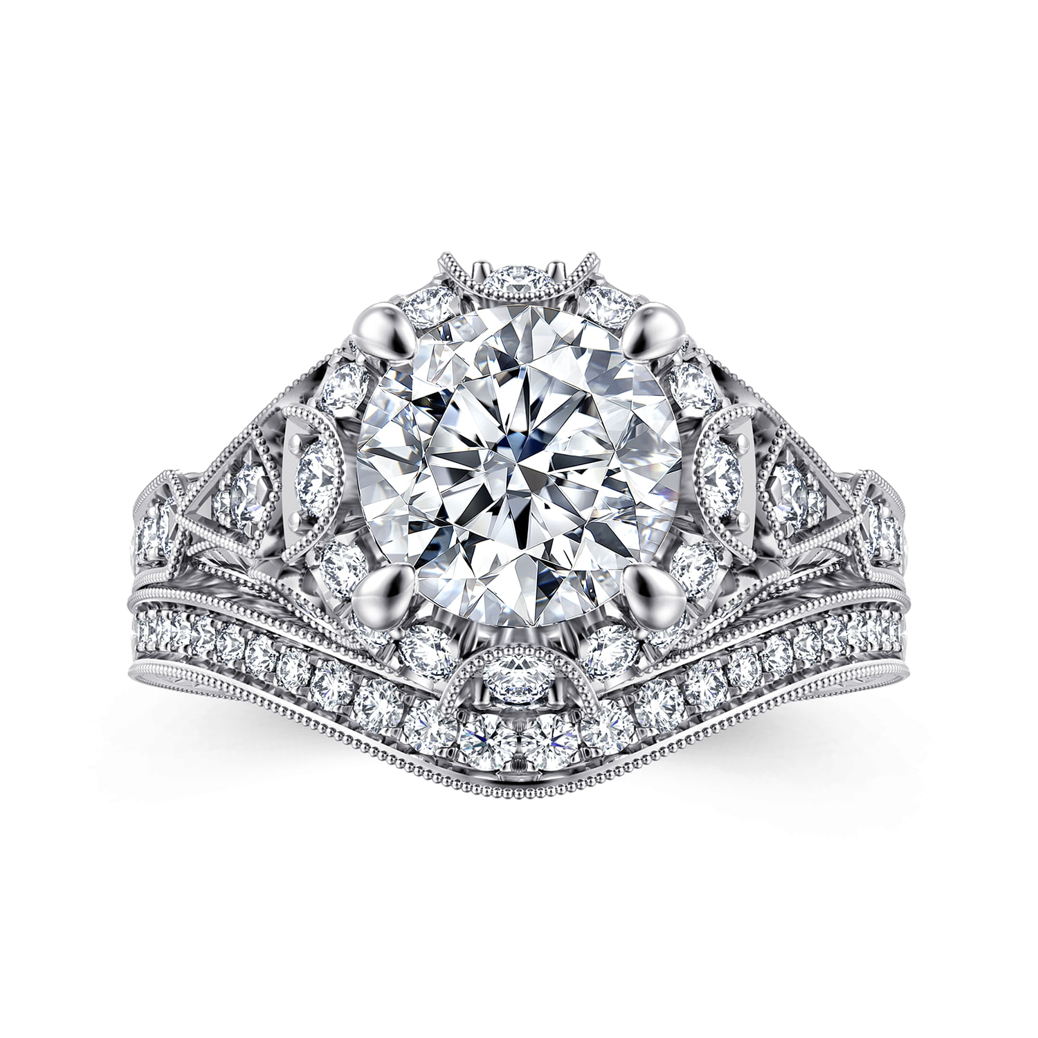 Annadale - Unique 14K White Gold Vintage Inspired Diamond Halo Engagement Ring