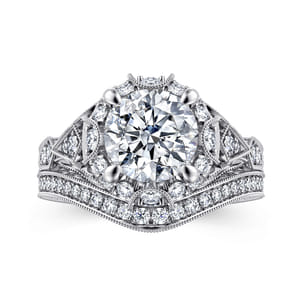 Annadale - Unique 14K White Gold Vintage Inspired Diamond Halo Engagement Ring