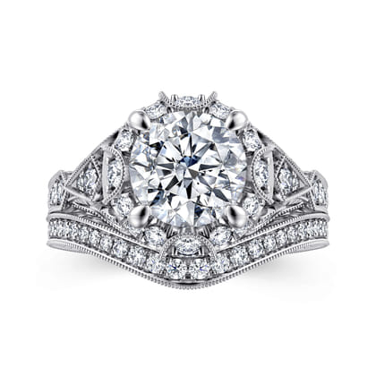 Annadale - Unique 14K White Gold Vintage Inspired Diamond Halo Engagement Ring
