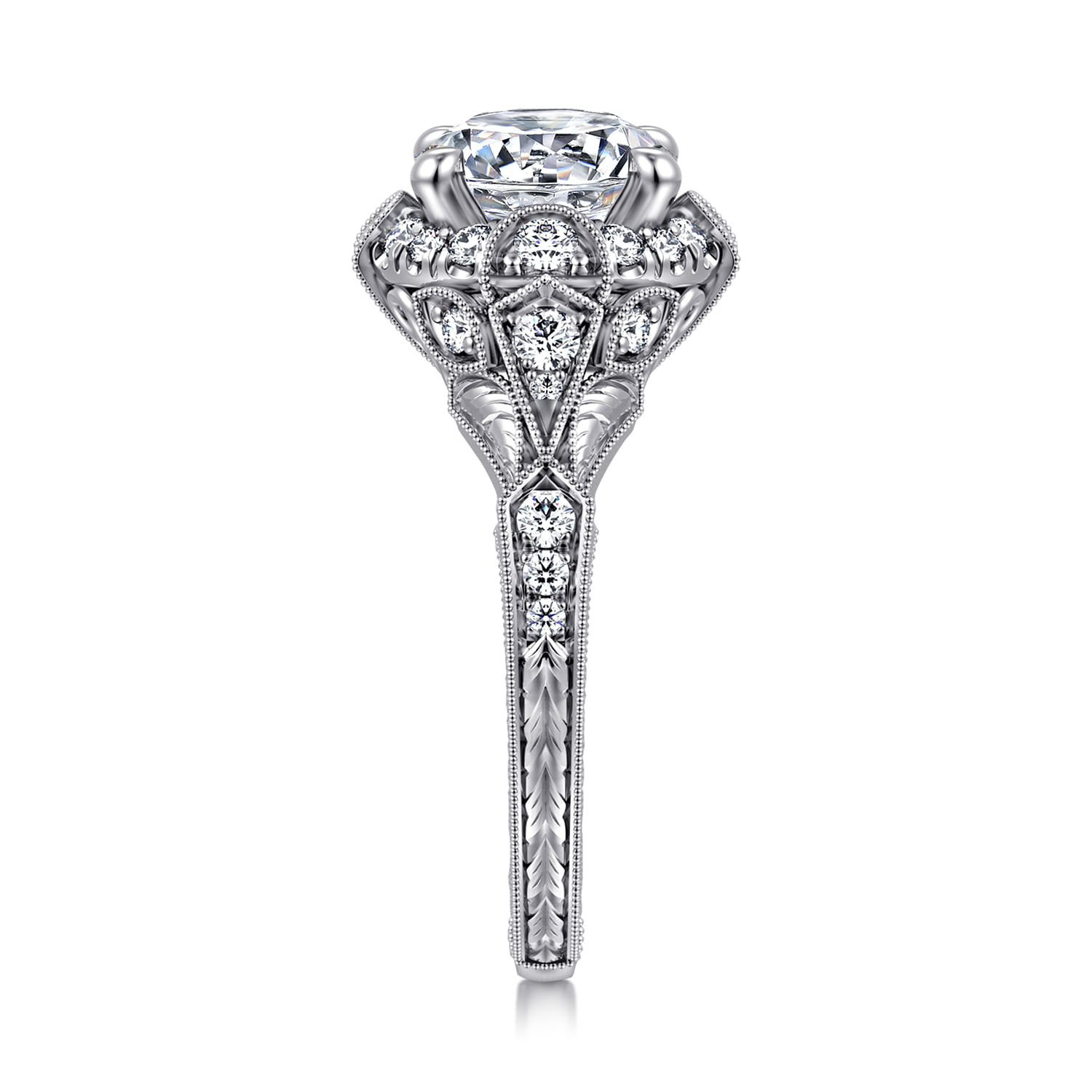 Annadale - Unique 14K White Gold Vintage Inspired Diamond Halo Engagement Ring