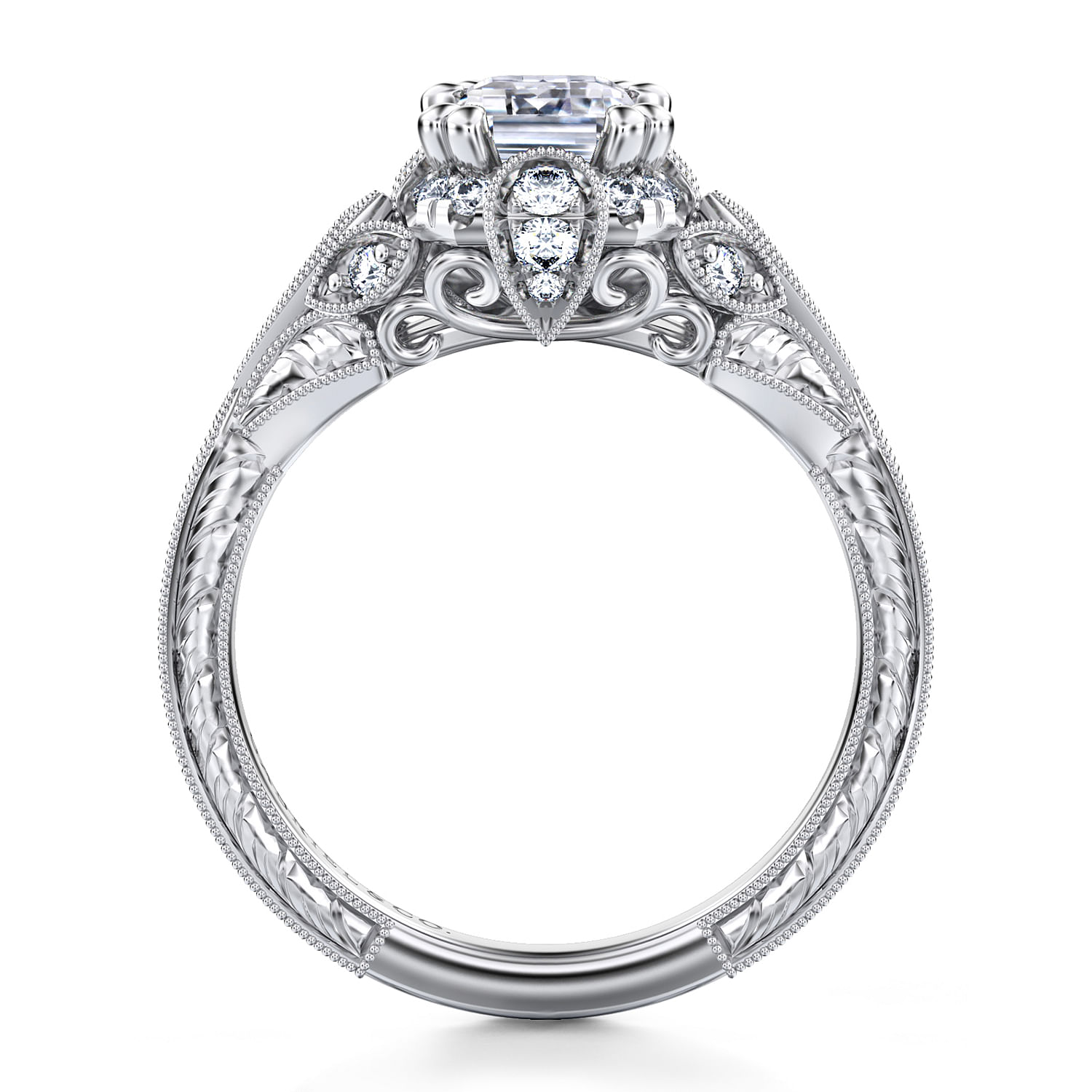 Annadale - Unique 14K White Gold Vintage Inspired Emerald Cut Diamond Halo Engagement Ring - 0.34 ct - Shot 2
