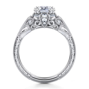 Annadale - Unique 14K White Gold Vintage Inspired Emerald Cut Diamond Halo Engagement Ring