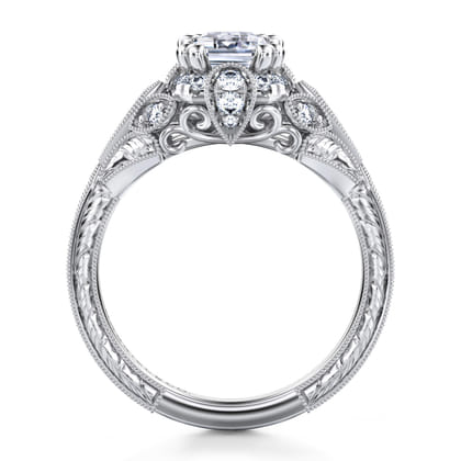 Annadale - Unique 14K White Gold Vintage Inspired Emerald Cut Diamond Halo Engagement Ring