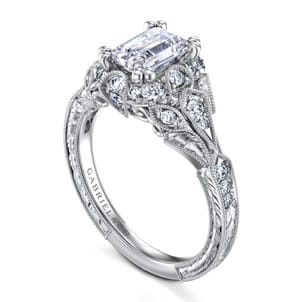 Annadale - Unique 14K White Gold Vintage Inspired Emerald Cut Diamond Halo Engagement Ring