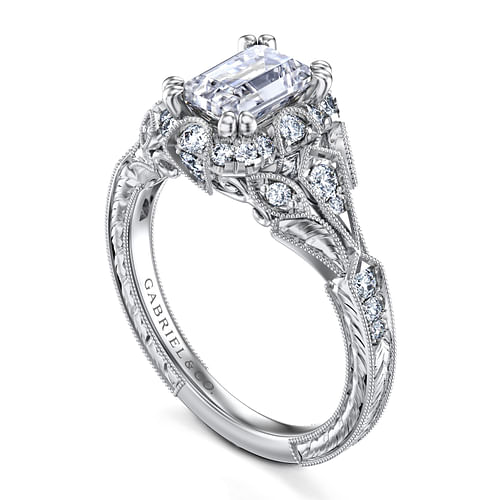 Annadale - Unique 14K White Gold Vintage Inspired Emerald Cut Diamond Halo Engagement Ring - 0.34 ct - Shot 3