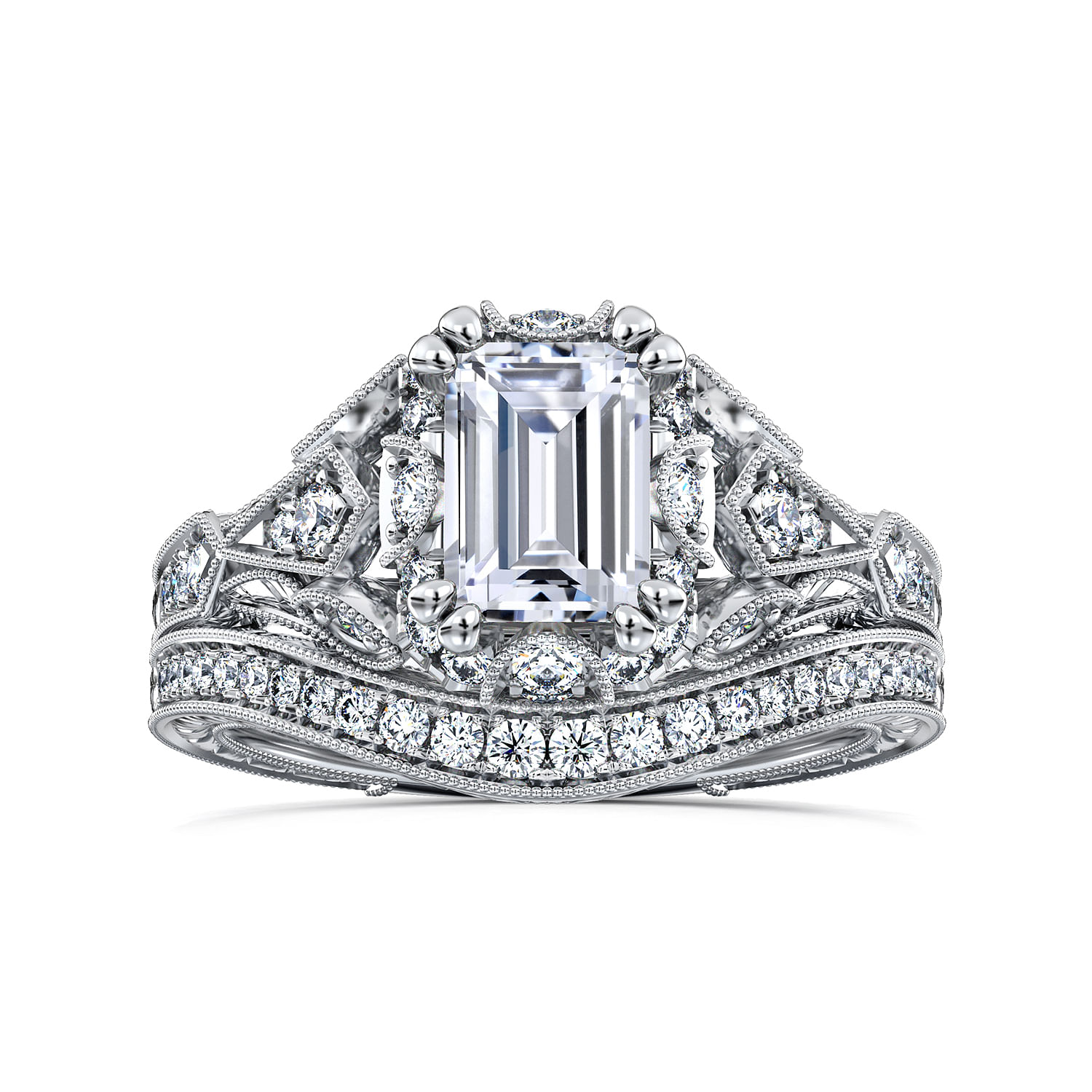 Annadale - Unique 14K White Gold Vintage Inspired Emerald Cut Diamond Halo Engagement Ring - 0.34 ct - Shot 4