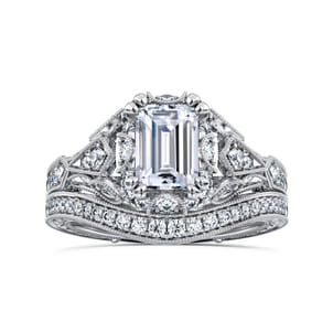 Annadale - Unique 14K White Gold Vintage Inspired Emerald Cut Diamond Halo Engagement Ring