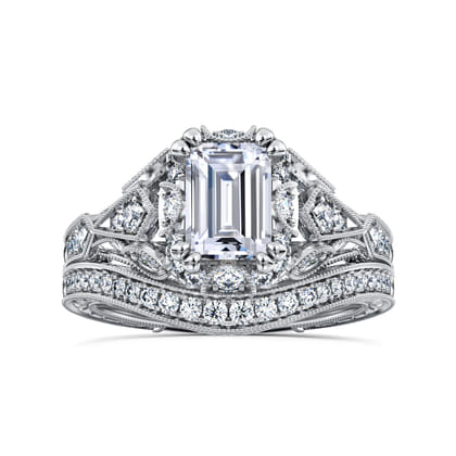 Annadale - Unique 14K White Gold Vintage Inspired Emerald Cut Diamond Halo Engagement Ring