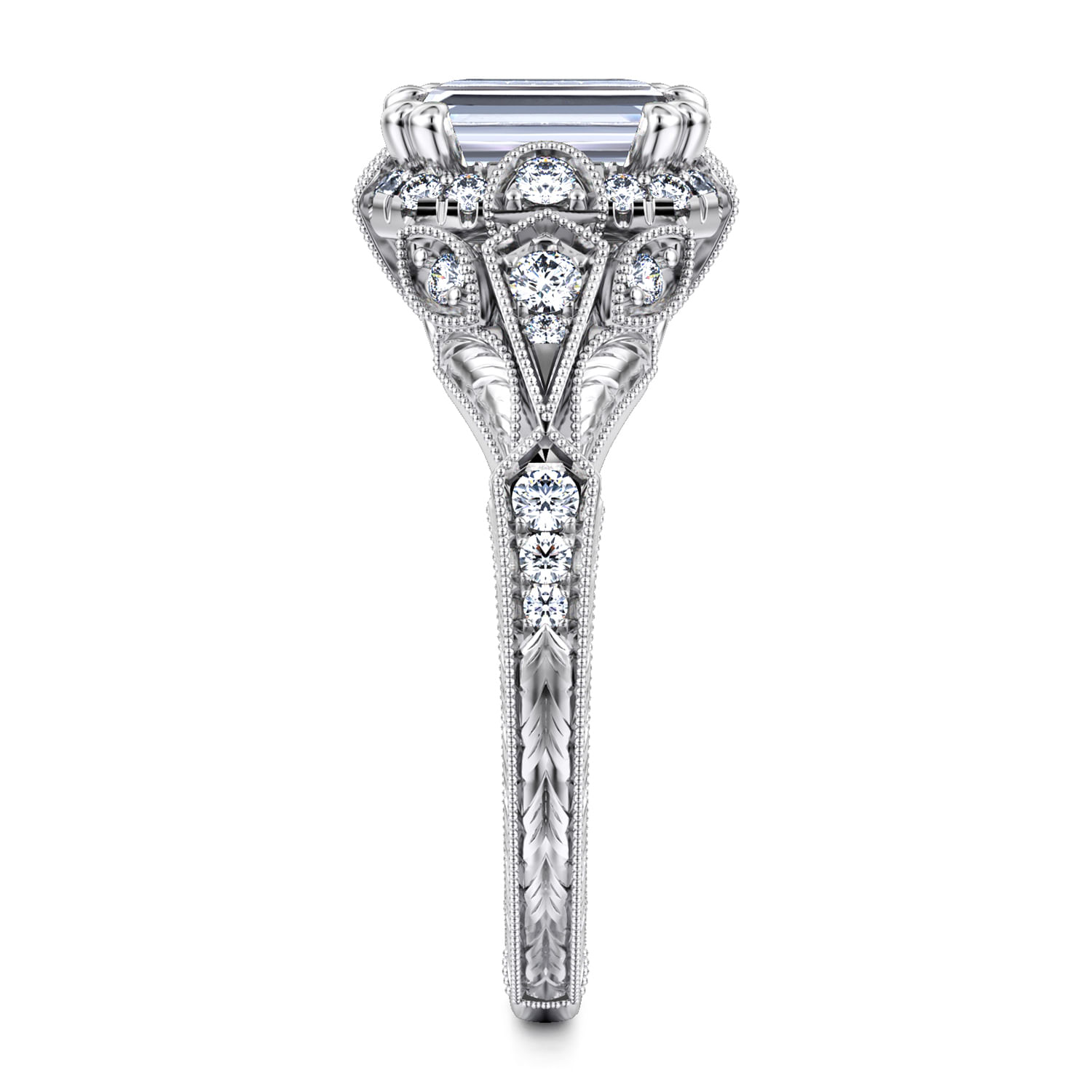 Annadale - Unique 14K White Gold Vintage Inspired Emerald Cut Diamond Halo Engagement Ring