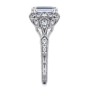 Annadale - Unique 14K White Gold Vintage Inspired Emerald Cut Diamond Halo Engagement Ring