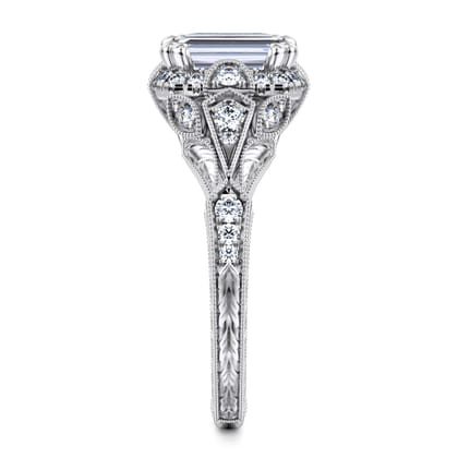 Annadale - Unique 14K White Gold Vintage Inspired Emerald Cut Diamond Halo Engagement Ring