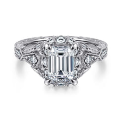 Annadale - Unique 14K White Gold Vintage Inspired Emerald Cut Diamond Halo Engagement Ring