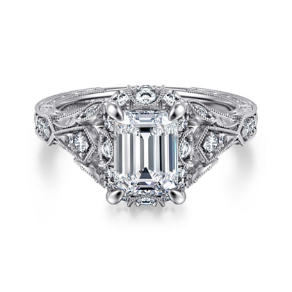 Annadale - Unique 14K White Gold Vintage Inspired Emerald Cut Diamond Halo Engagement Ring