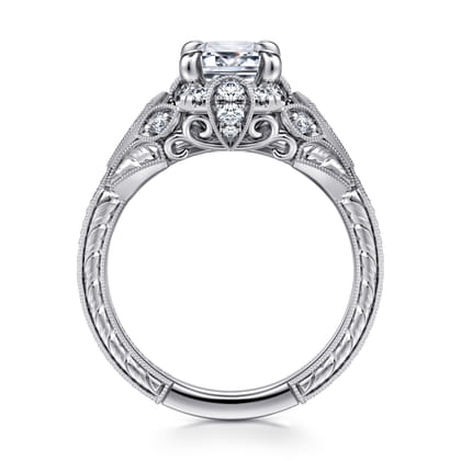 Annadale - Unique 14K White Gold Vintage Inspired Emerald Cut Diamond Halo Engagement Ring