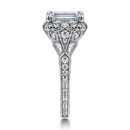 Annadale - Unique 14K White Gold Vintage Inspired Emerald Cut Diamond Halo Engagement Ring