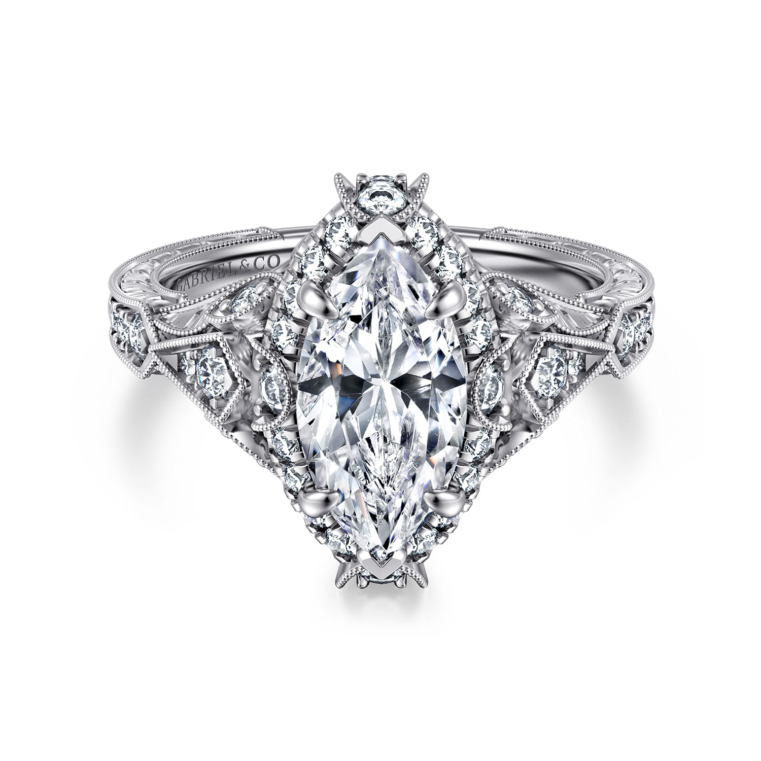 Annadale - Unique 14K White Gold Vintage Inspired Marquise Shape Diamond Halo Engagement Ring