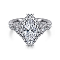 Annadale - Unique 14K White Gold Vintage Inspired Marquise Shape Diamond Halo Engagement Ring