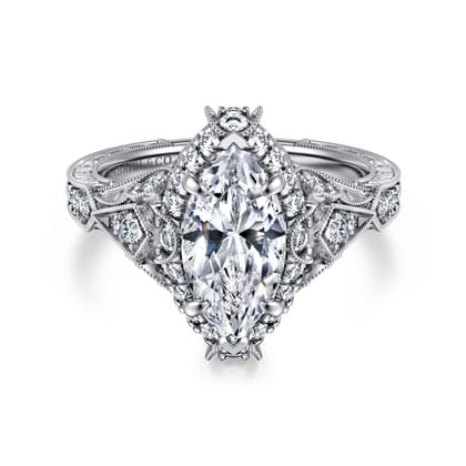 Annadale - Unique 14K White Gold Vintage Inspired Marquise Shape Diamond Halo Engagement Ring