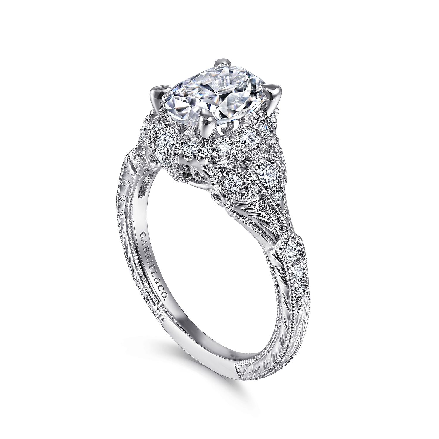 Annadale - Unique 14K White Gold Vintage Inspired Oval Halo Diamond Engagement Ring