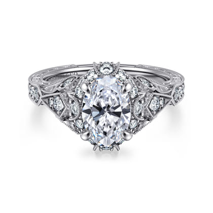 Annadale - Unique 14K White Gold Vintage Inspired Oval Halo Diamond Engagement Ring