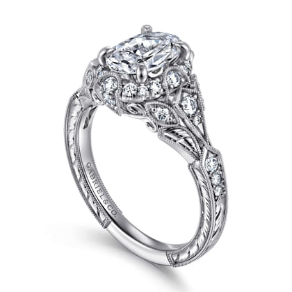 Annadale - Unique 14K White Gold Vintage Inspired Oval Halo Diamond Engagement Ring