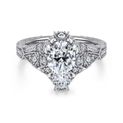 Annadale - Unique 14K White Gold Vintage Inspired Pear Shape Diamond Halo Engagement Ring
