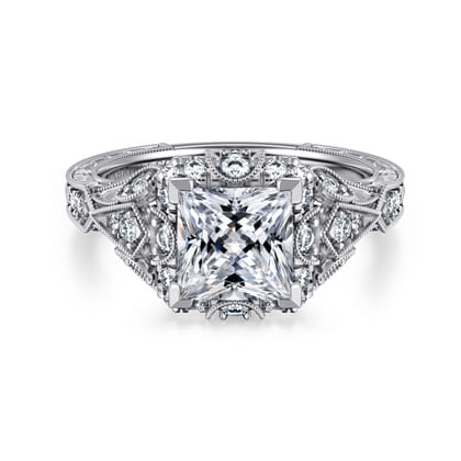 Annadale - Unique 14K White Gold Vintage Inspired Princess Halo Diamond Engagement Ring