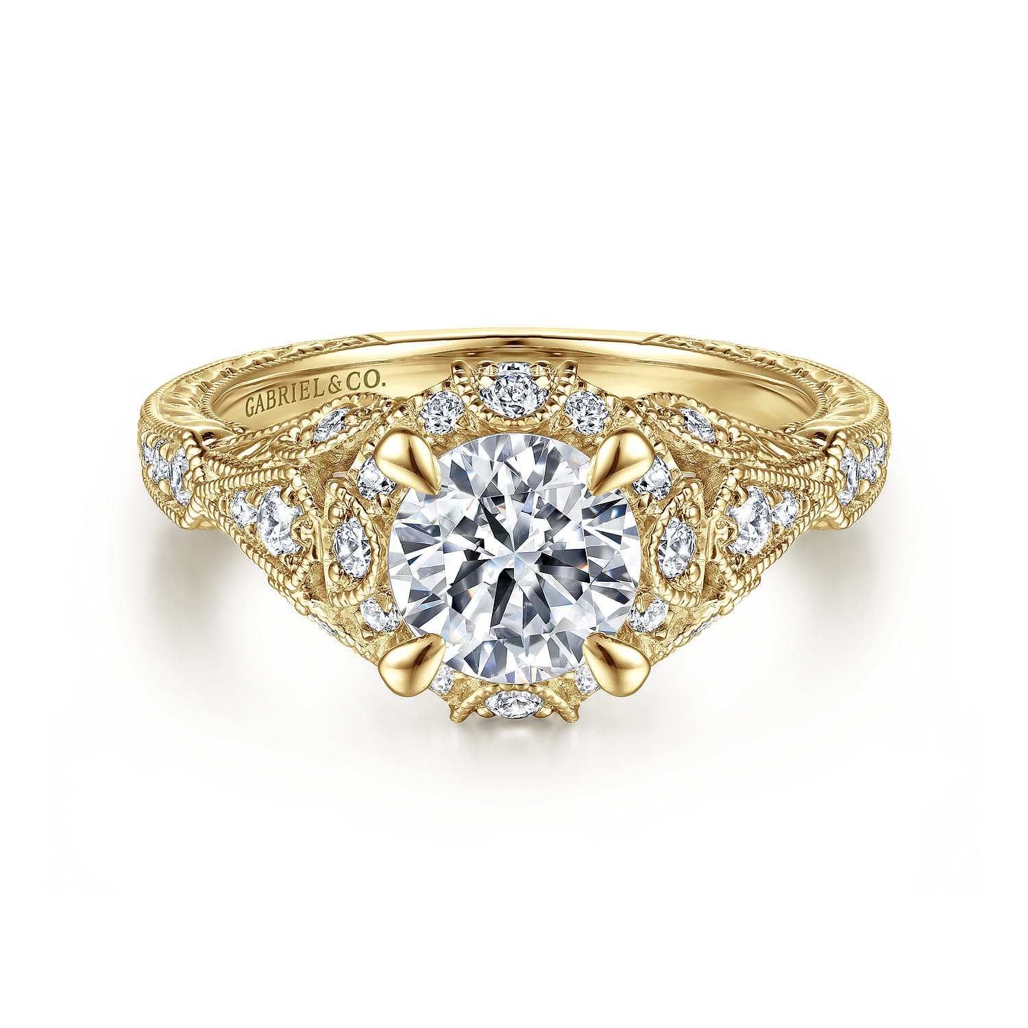 Annadale - Unique 14K Yellow Gold Vintage Inspired Diamond Halo Engagement Ring
