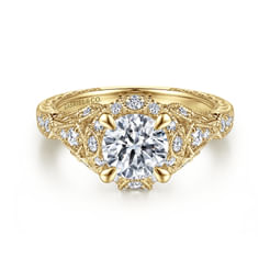 Unique 14K Yellow Gold Vintage Inspired Diamond Halo Engagement Ring