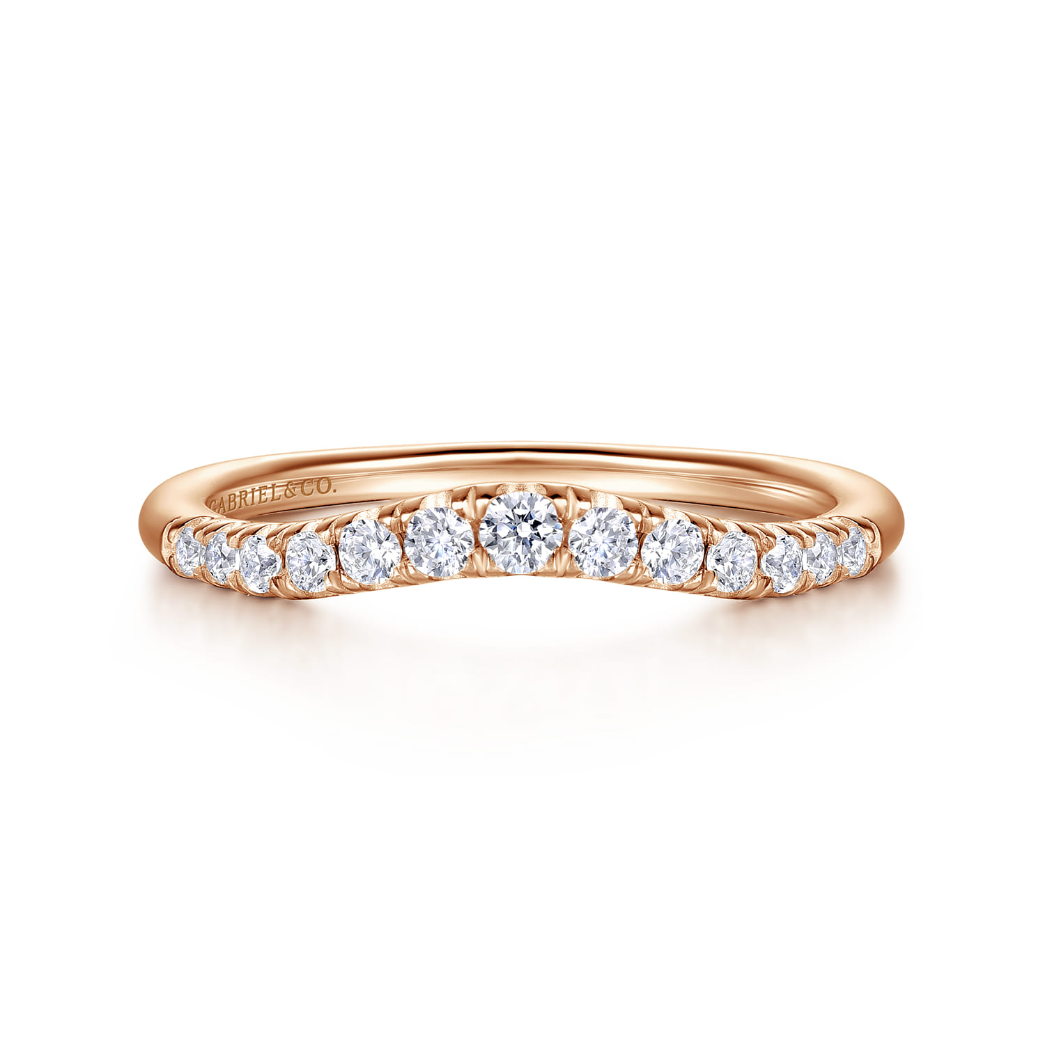 Curved Wedding Ring in 14k Rose Gold with Round Natural Diamond at Gabriel & Co. - Shot 1