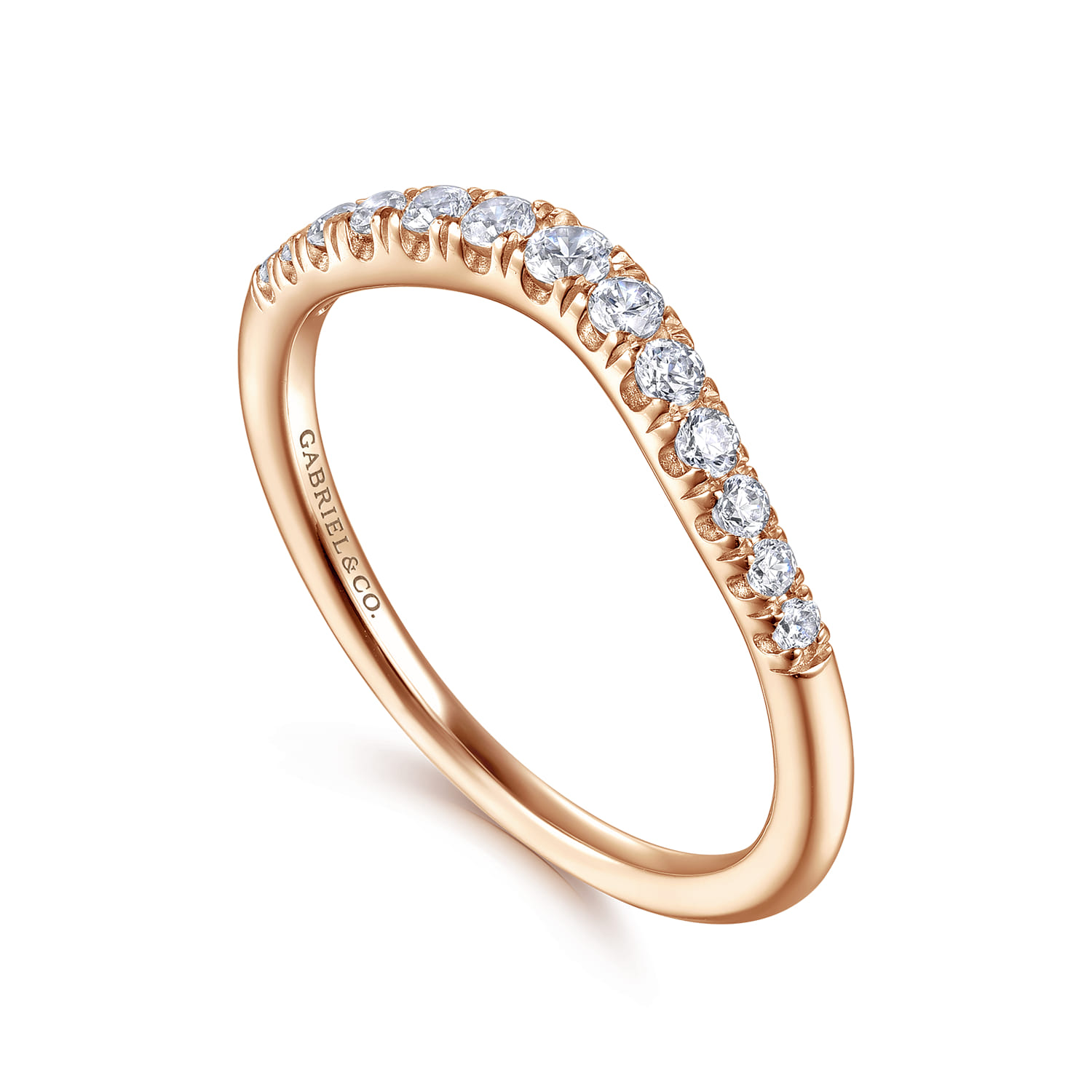 Curved Wedding Ring in 14k Rose Gold with Round Natural Diamond at Gabriel & Co. - Shot 3