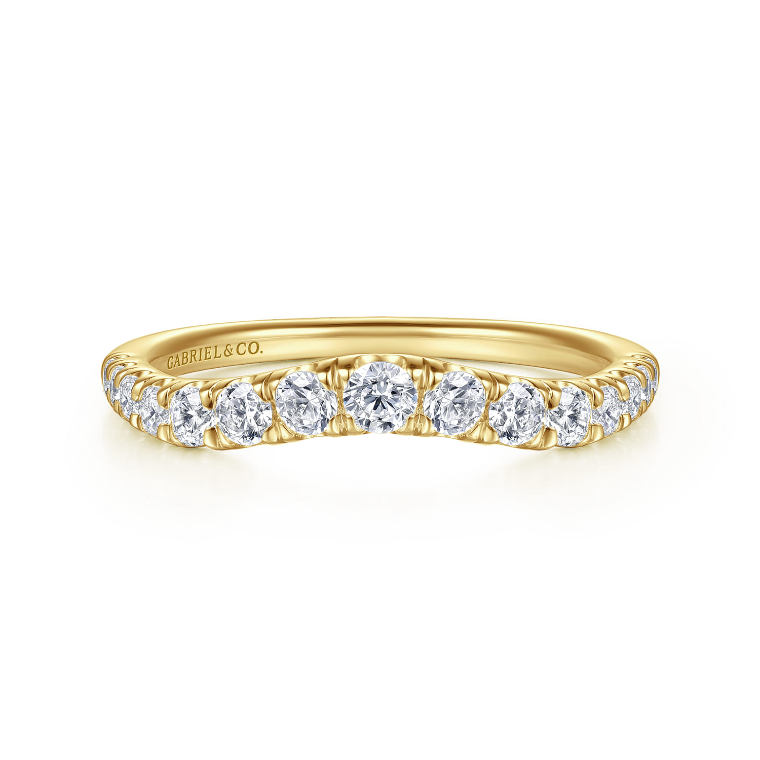 Curved Wedding Ring in 14k Yellow Gold with Round Natural Diamond at Gabriel & Co. - Shot 1