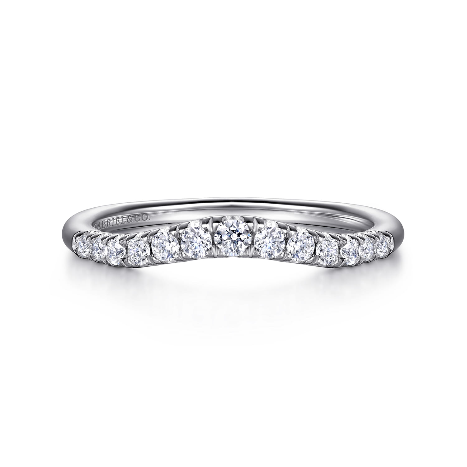 Curved Wedding Ring in Platinum with Round Natural Diamond at Gabriel & Co. - Shot 1