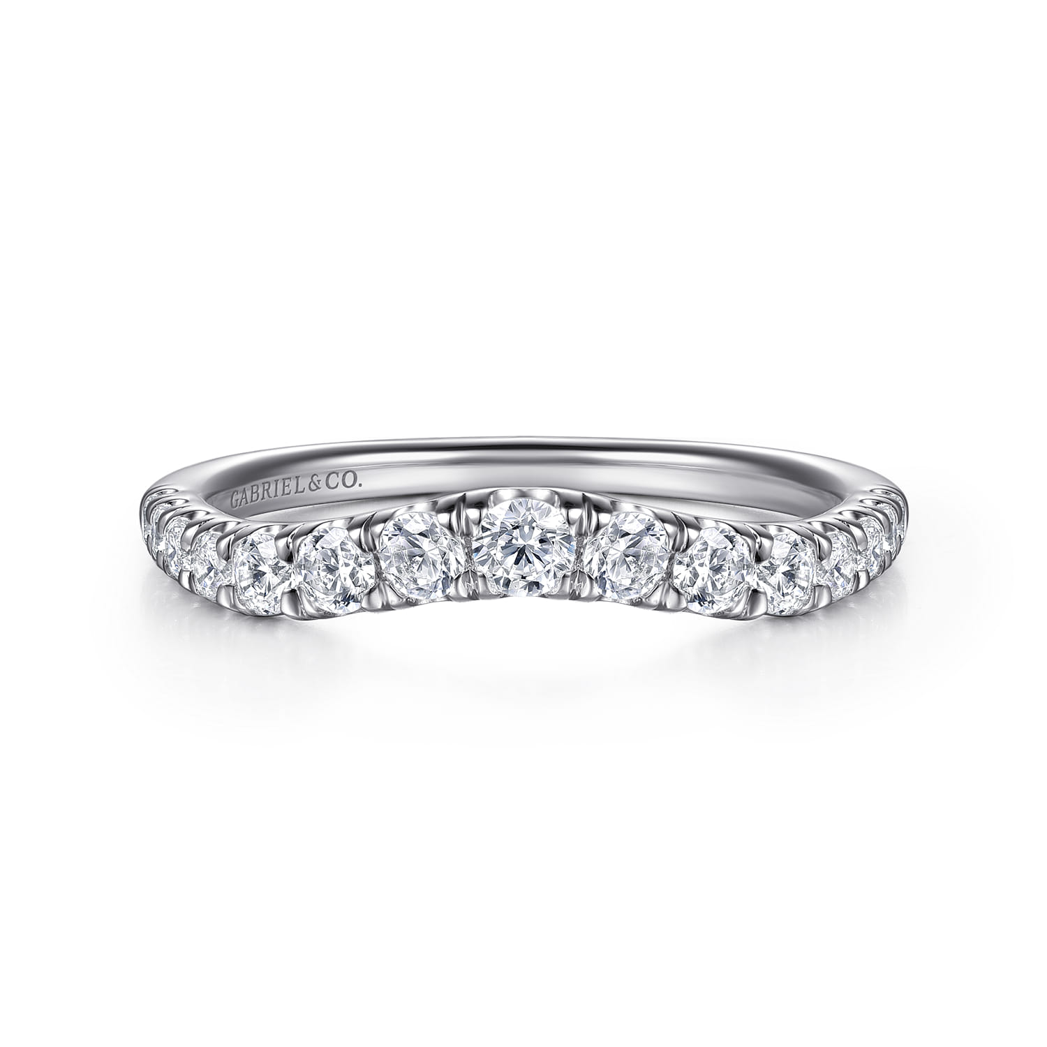 Curved Wedding Ring in Platinum with Round Natural Diamond at Gabriel & Co. - Shot 1