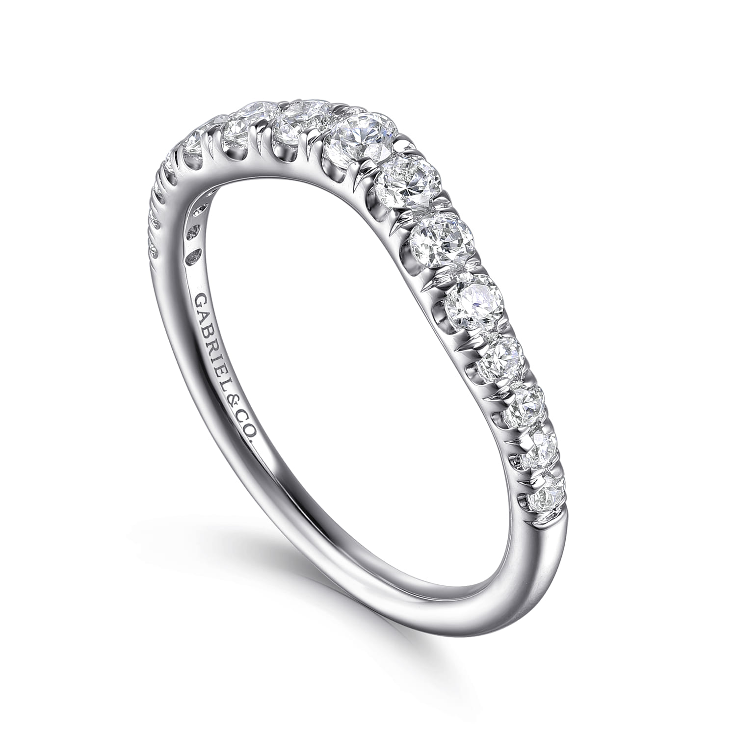 Curved Wedding Ring in Platinum with Round Natural Diamond at Gabriel & Co. - Shot 3