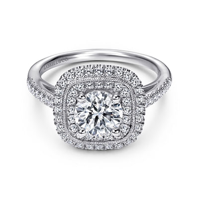 Antoinette - Vintage Inspired 14K White Gold Round Double Halo Diamond Engagement Ring