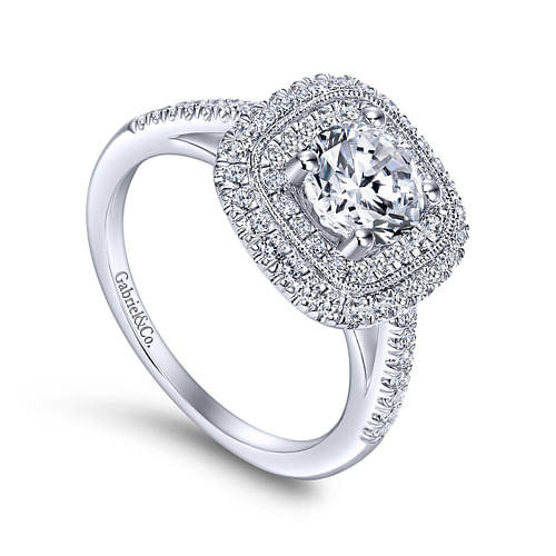 Antoinette - Vintage Inspired 14K White Gold Round Double Halo Diamond Engagement Ring - 0.45 ct - Shot 3