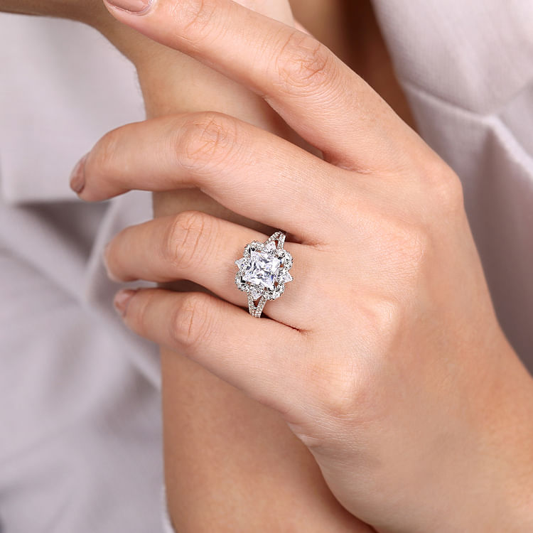 Aphrodite - Art Deco 14K White Gold Fancy Halo Princess Cut Diamond Engagement Ring