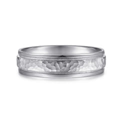 Archie - 14K White Gold 6mm - Hammered Men's Wedding Band with Milgrain Edge