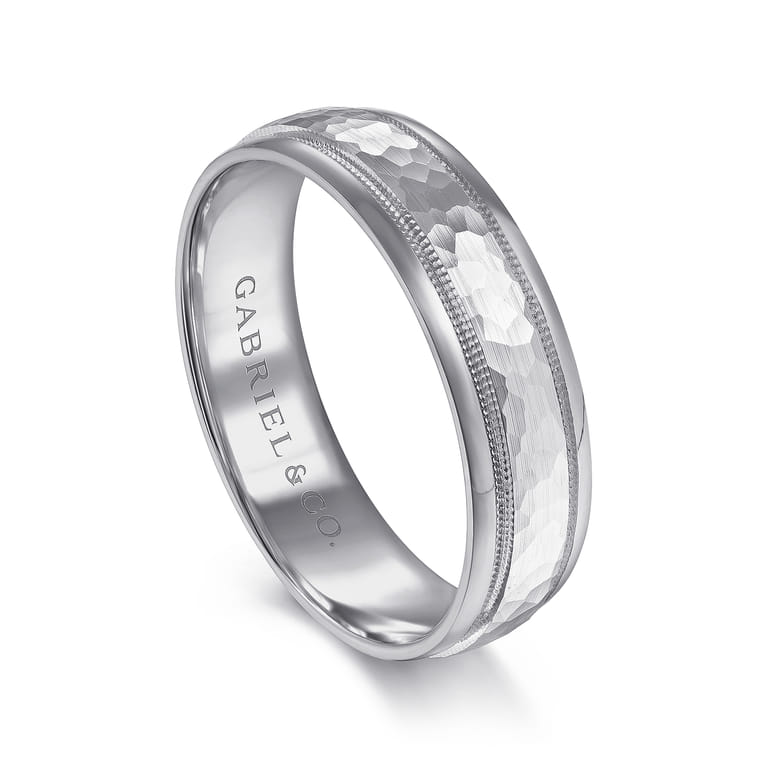 Archie - 14K White Gold 6mm - Hammered Men's Wedding Band with Milgrain Edge - Shot 3