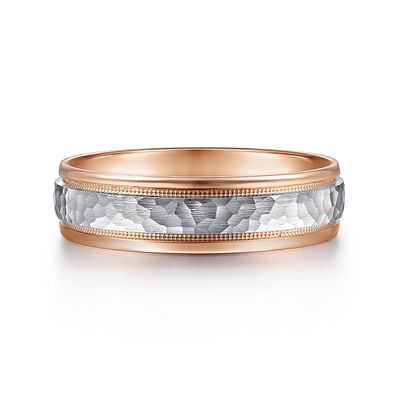 Archie - 14K White-Rose Gold 6mm - Two Tone Hammered Men's Wedding Band with Milgrain Edge