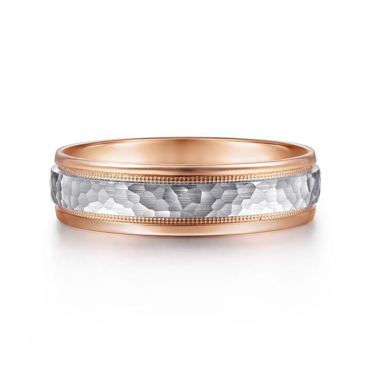 Archie - 14K White-Rose Gold 6mm - Two Tone Hammered Men's Wedding Band with Milgrain Edge - Shot 1