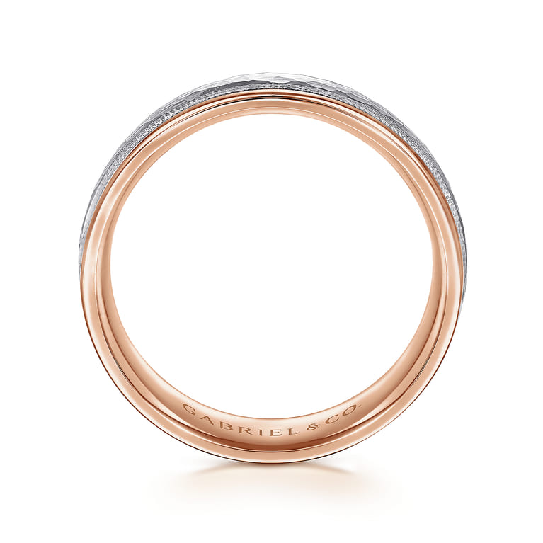 Archie - 14K White-Rose Gold 6mm - Two Tone Hammered Men's Wedding Band with Milgrain Edge - Shot 2