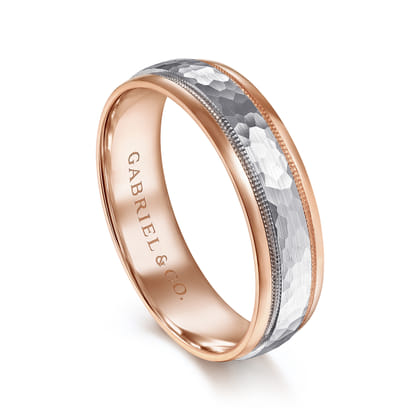 Archie - 14K White-Rose Gold 6mm - Two Tone Hammered Men's Wedding Band with Milgrain Edge