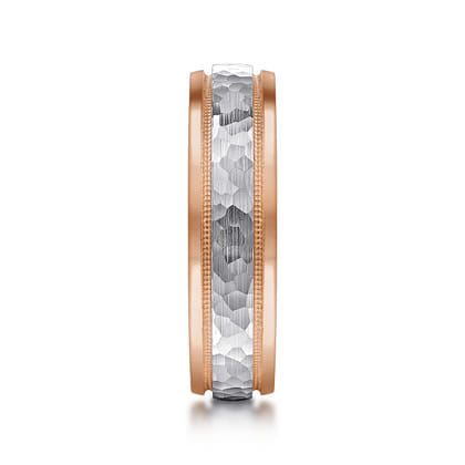 Archie - 14K White-Rose Gold 6mm - Two Tone Hammered Men's Wedding Band with Milgrain Edge