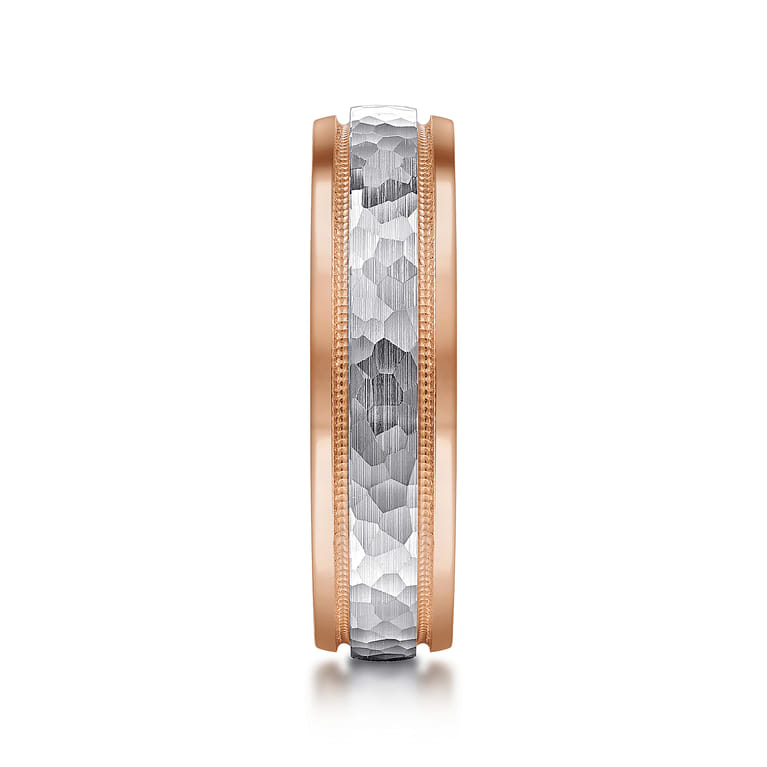 Archie - 14K White-Rose Gold 6mm - Two Tone Hammered Men's Wedding Band with Milgrain Edge - Shot 4