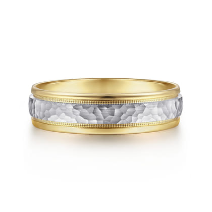 Archie - 14K White-Yellow Gold 6mm - Two Tone Hammered Men's Wedding Band with Milgrain Edge