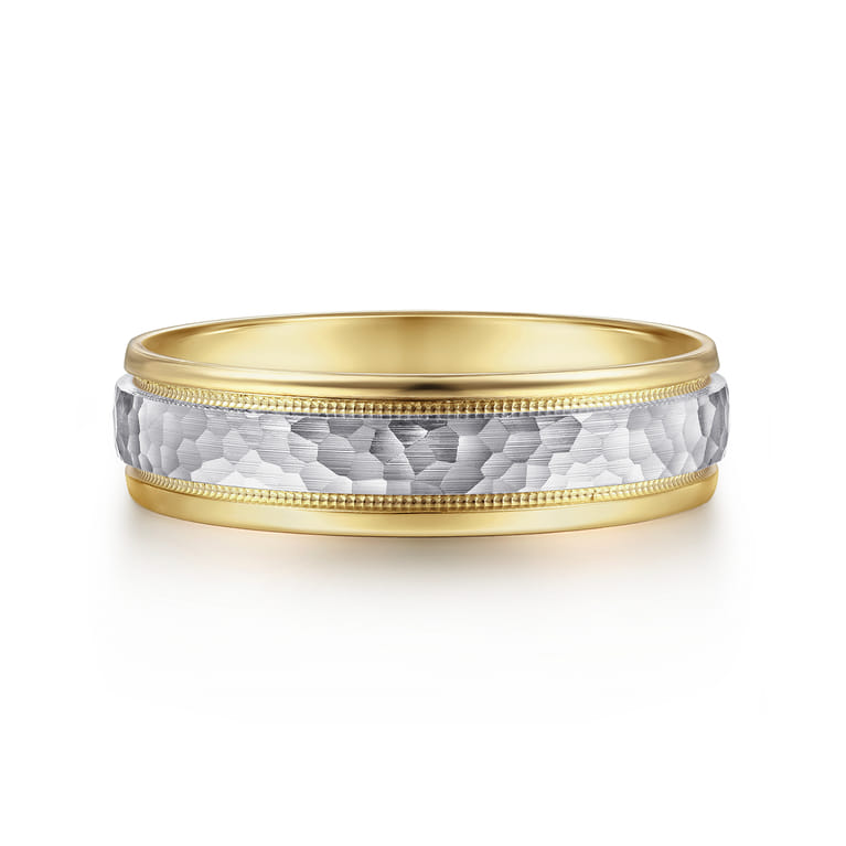 Archie - 14K White-Yellow Gold 6mm - Two Tone Hammered Men's Wedding Band with Milgrain Edge - Shot 1