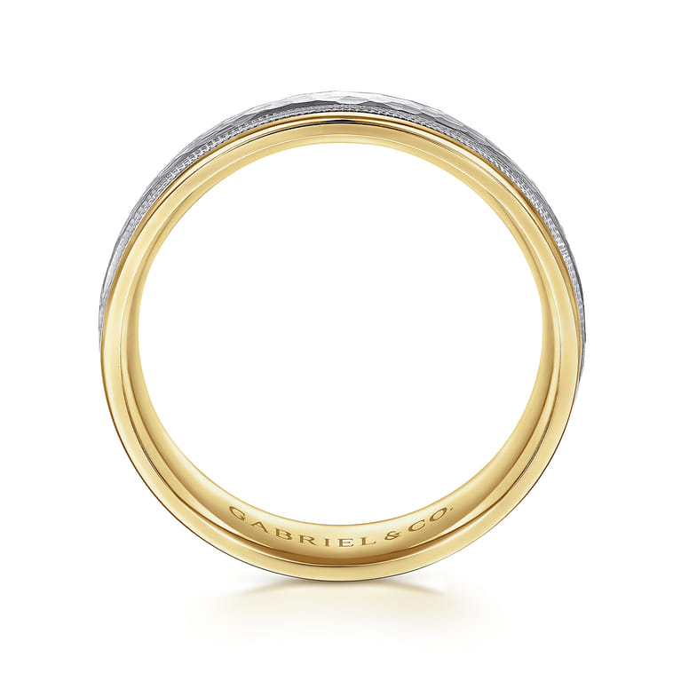 Archie - 14K White-Yellow Gold 6mm - Two Tone Hammered Men's Wedding Band with Milgrain Edge - Shot 2