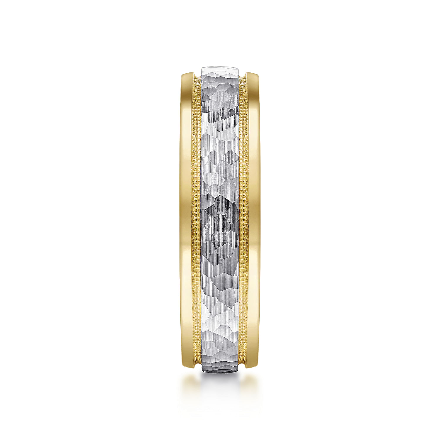 Archie - 14K White-Yellow Gold 6mm - Two Tone Hammered Men's Wedding Band with Milgrain Edge